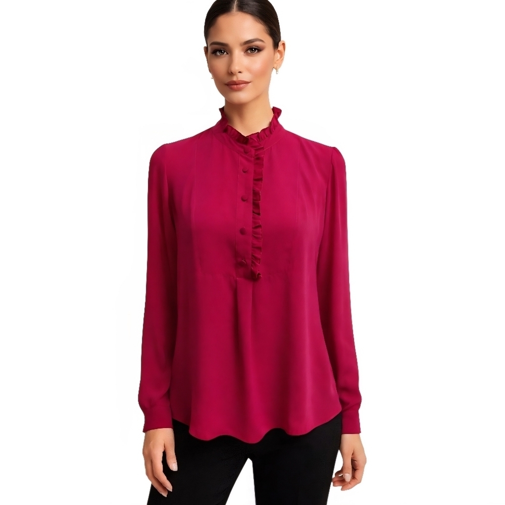 J.Crew Burgundy Ruffle Neck Long Sleeve Blouse – Size 00